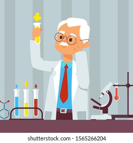 Old man scientist in lab search antivirus vaccine for coronavirus, vector illustration. Grey haired virus professor doing laboratory research. Chemistry teacher experiment. Senior doctor