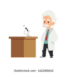 An old man, a scientist and professor in a lab coat comes to the table in the laboratory with a microscope. Science character concept, scientist doctor or medic. Flat cartoon vector illustration.
