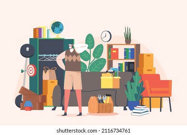 Old Man Scratching Head Searching Things In Messy Room Or Flea Market. Senior Pensioner Suffer Of Alzheimer Or Dementia Disease. Forgetful Mature Male Character. Cartoon People Vector Illustration