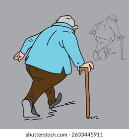 Old man seen from behind walking and holding a cane