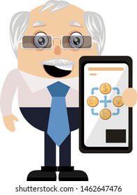 Hombre mayor con auto, ilustración, vector sobre fondo blanco.