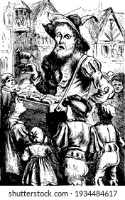 An old man selling toys of young lambs, He carrying tray of toys of young lambs and children standing around him, vintage line drawing or engraving illustration
