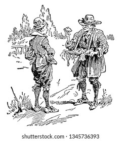 An old man selling trinkets to young man, vintage line drawing or engraving illustration