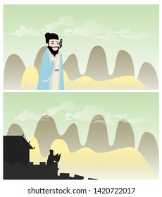 old man sending a bird to deliver a message vector illustration