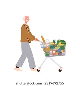 Old man senior cartoon buyer character pushing shopping cart with organic healthy grocery food