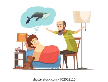 Old man senior character with beard tells his grandson bedtime fish story retro cartoon poster vector illustration 