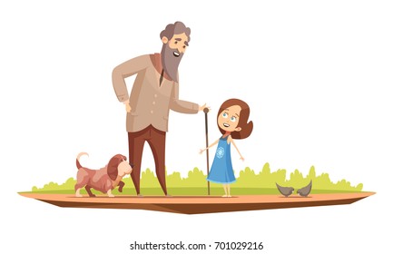 Old man senior character with cane walking with little girl and doggy outside retro cartoon poster vector illustration 