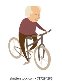 Old man senior grandfather riding a bicycle . Flat style design vector illustration.