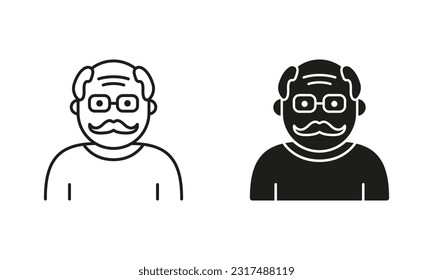 Old Man, Senior Person Silhouette and Line Icon Black Set. Happy Elder Man Pictogram. Old Grandfather Symbol Collection on White Background. Retirement Concept. Isolated Vector Illustration.