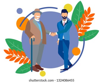 An old man shakes hands with a young guy. Old age and youth. In minimalist style. Flat isometric vector illustration