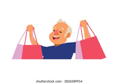 Old Man With Shopping Bags Active Senior Character Vector Illustration Design