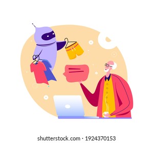 Old man Shopping Online mithilfe des digitalen virtuellen Chatbot Cyber Robot. Großvater des verkaufsverbrauchenden Rentners, der Laptop-Chat-Bot und zukünftigen Marketing-Dialog verwendet, hilft bei der flachen Vektorgrafik