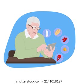 Old Man Shopping Online In Smartphone Application 