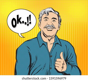 The old man showed a happy posture and accepted that it was correct..Pop art retro vector illustration vintage kitsch drawing,Comic Book Work Style