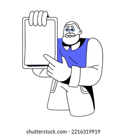 Old man showing blank paper on clipboard, pointing, advertising with hand gesture. Happy senior elderly person presenting smth. Lineart flat graphic vector illustration isolated on white background