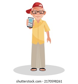 Old man is showing phone. Vector graphic illustration. Individually on white background.