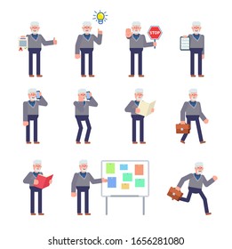 Old man showing various actions set. Old man holding document, stop sign, reading book, running and showing other actions. Flat design vector illustration