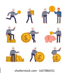 Old man showing various actions with golden coins. Old businessman holding big coin, saving money. Flat design vector illustration