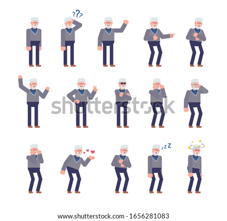 Old man showing various emotions set. Old man crying, laughing, tired, suprised and showing other expressions. Flat design vector illustration