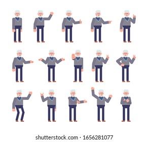 Old man showing various hand gestures set. Old man pointing, greeting, showing thumb up, victory sign and other gestures. Flat design vector illustration