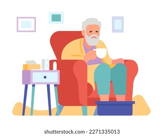 Viejo enfermo de gripe. Enfermedad viral. Hombre mayor sentado en un sillón. Baño de pies. Tratamiento domiciliario. Abuelo bebiendo bebidas calientes. Persona infeliz. Temperatura y