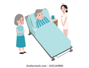 old man sick on bed with nurse and his family member character design vector