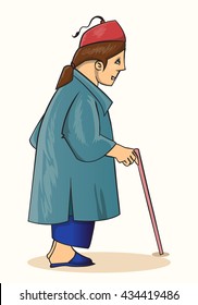 old man side view standing with stick cartoon vector illustration