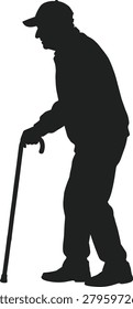 Old man silhouette, elderly senior grandfather walking with cane, retired person profile, isolated graphic illustration icon, cap