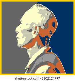 old man silhouette and lines on gray and dark blue background.
