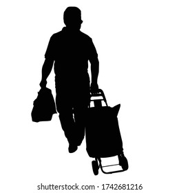 Old man silhouette with luggage on white background, vector illustration