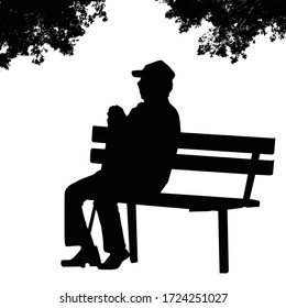 Old man silhouette sitting on a park bench on white background, vector illustration