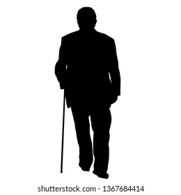 Old man silhouette with stick on white background, vector illustration