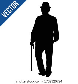 Old man silhouette with stick on white background, vector illustration