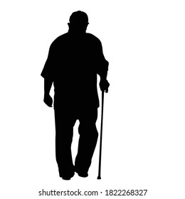Old man silhouette with stick on white background, vector illustration