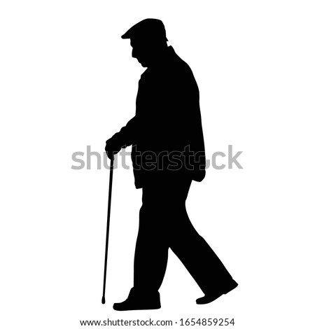 Old man silhouette with stick on white background, vector illustration
