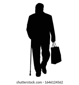 Old man silhouette with stick and shopping bag on white background, vector illustration