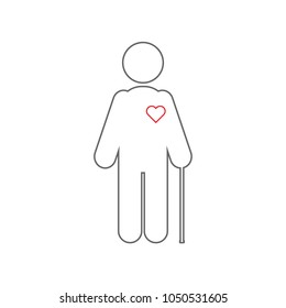 Old man silhouette with walking stick and red heart on his body. International Day of Older Persons concept. Vector icon.