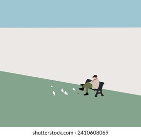Old man sit on a bench in the park surrounded by white pigeons under blue sky. Happy retirement.
