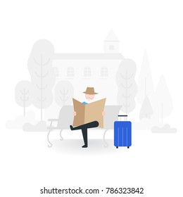 Old man sit on a bench and read the newspaper vector illustration with flat design concept. 