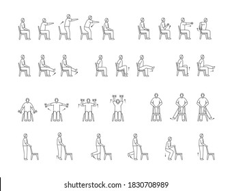 old man sit on chair exercise step icon set