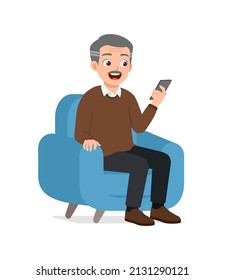 Old Man Sit On Sofa And Using Mobile Phone