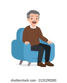 old man sit on sofa and show happy face