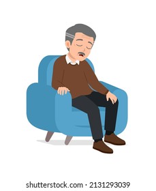 old man sit on sofa and feel sleepy