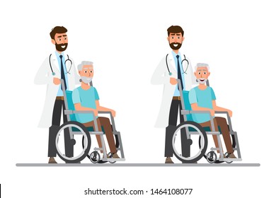 old man sit on a wheelchair with doctor take care. flat style cartoon character. Vector illustration