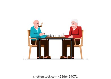 Old man sit relax playing chess on isolated background, Vector illustration.