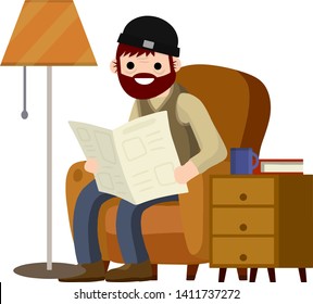 Old man sits in a brown chair and reads a newspaper. rest and relax of grandfather with news. Lifestyle of senior. Furniture - armchair, bedside table with Cup, floor lamp. Cartoon flat illustration