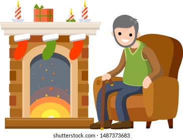 Old man sits in chair by fireplace. Fire, box and sock with gift. Grandpa in nice cozy house. Room furniture and grandfather. Winter concept. Flat cartoon. Senior celebrates new year and Christmas