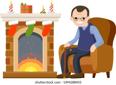 Old man sits in chair by fireplace. Fire, box and sock with gift. Room furniture and grandfather. Winter concept. Flat cartoon. Senior celebrates new year and Christmas. Grandpa in nice cozy house