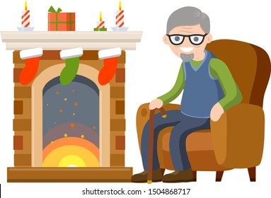 Old man sits in chair by fireplace. Grandpa in nice cozy house. Room furniture and grandfather. Winter concept. Flat cartoon. Fire, box and sock with gift. Senior celebrates new year and Christmas