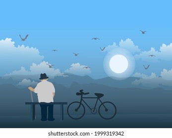 An old man sits in a chair on the top of the mountain looking at the mountains and the sun.
